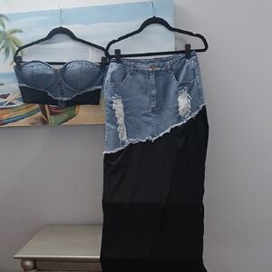 Chic Denim and Black Two-Piece Set